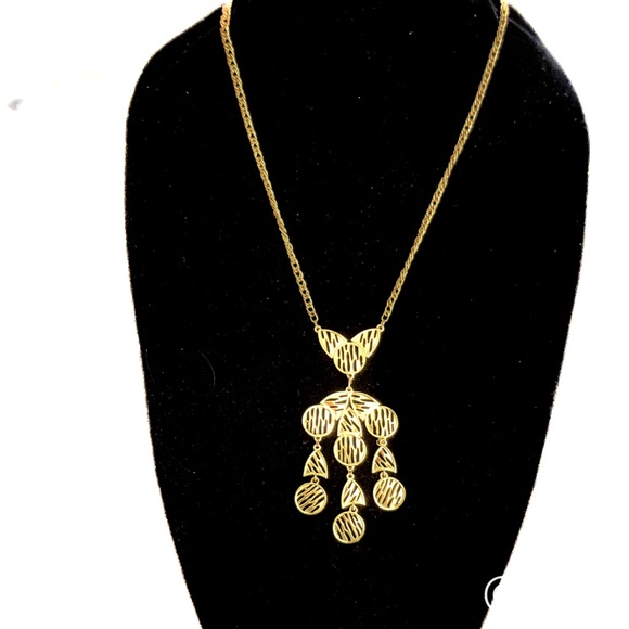 Vintage Mid Century Scrollwork Gold Tone Pendant Statement Necklace - Picture 1 of 10